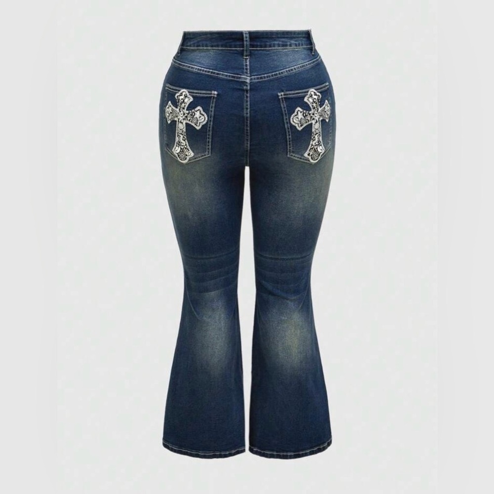 Romwe Goth Casual Cross Embroidery Fit Flare Jeans, Sz 12